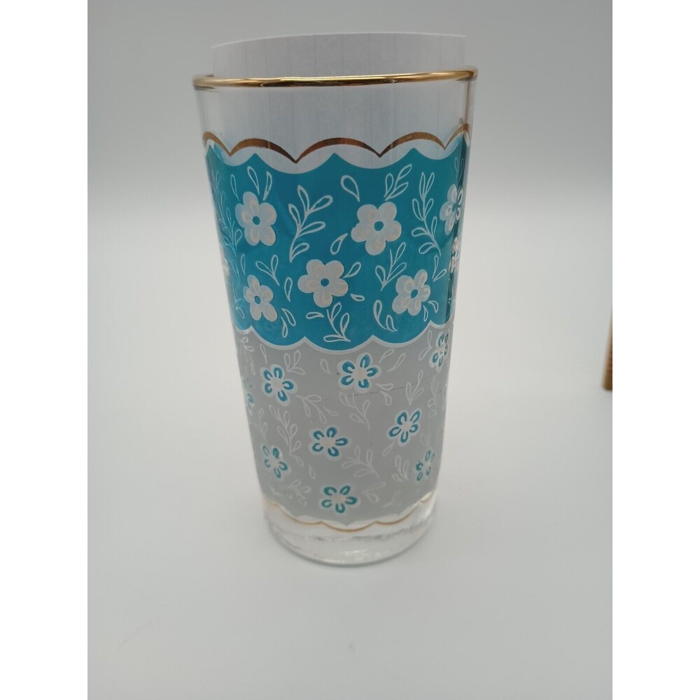 Vtg Drinking Glass Turquoise White Gold Daisy Floral Print Higball Tumber
